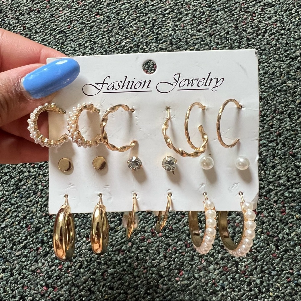 Small Gold Pearl Diamond Lightweight Hoop Earrings Multi Pack Jewelry Accessory